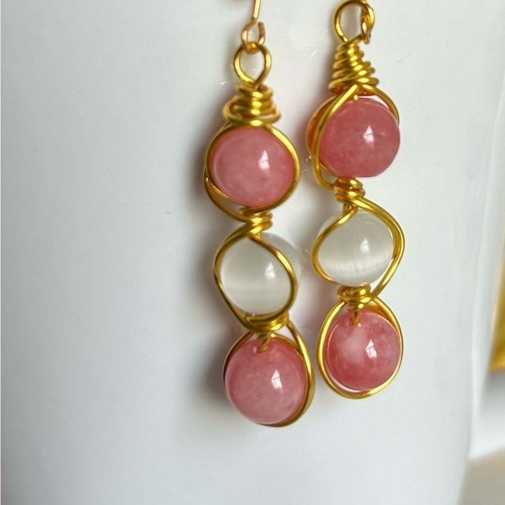 Handmade White cat eyes and Argentinian Rodocrosite wired with gold plated. New